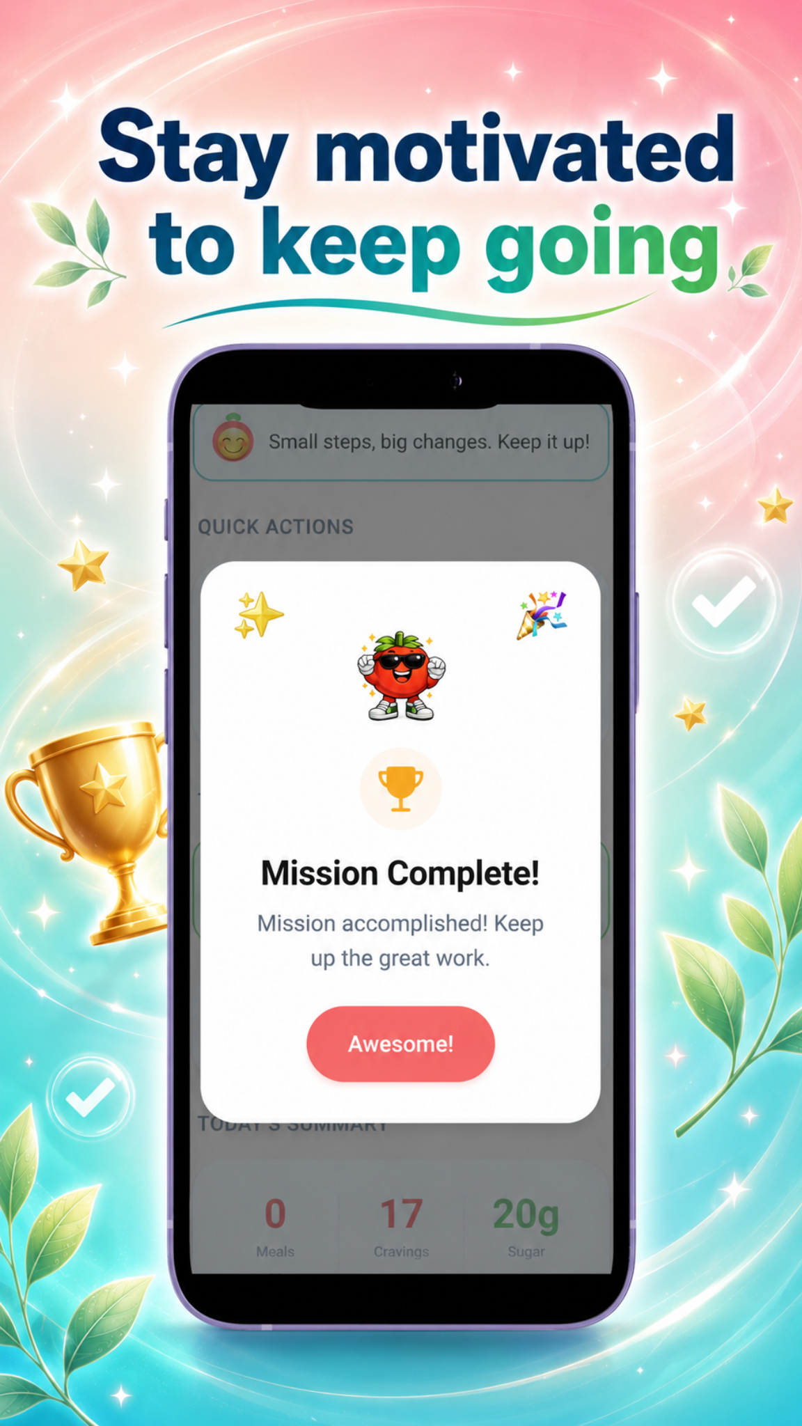 Sugar Free Challenge Tracker motivation and mission complete screen
